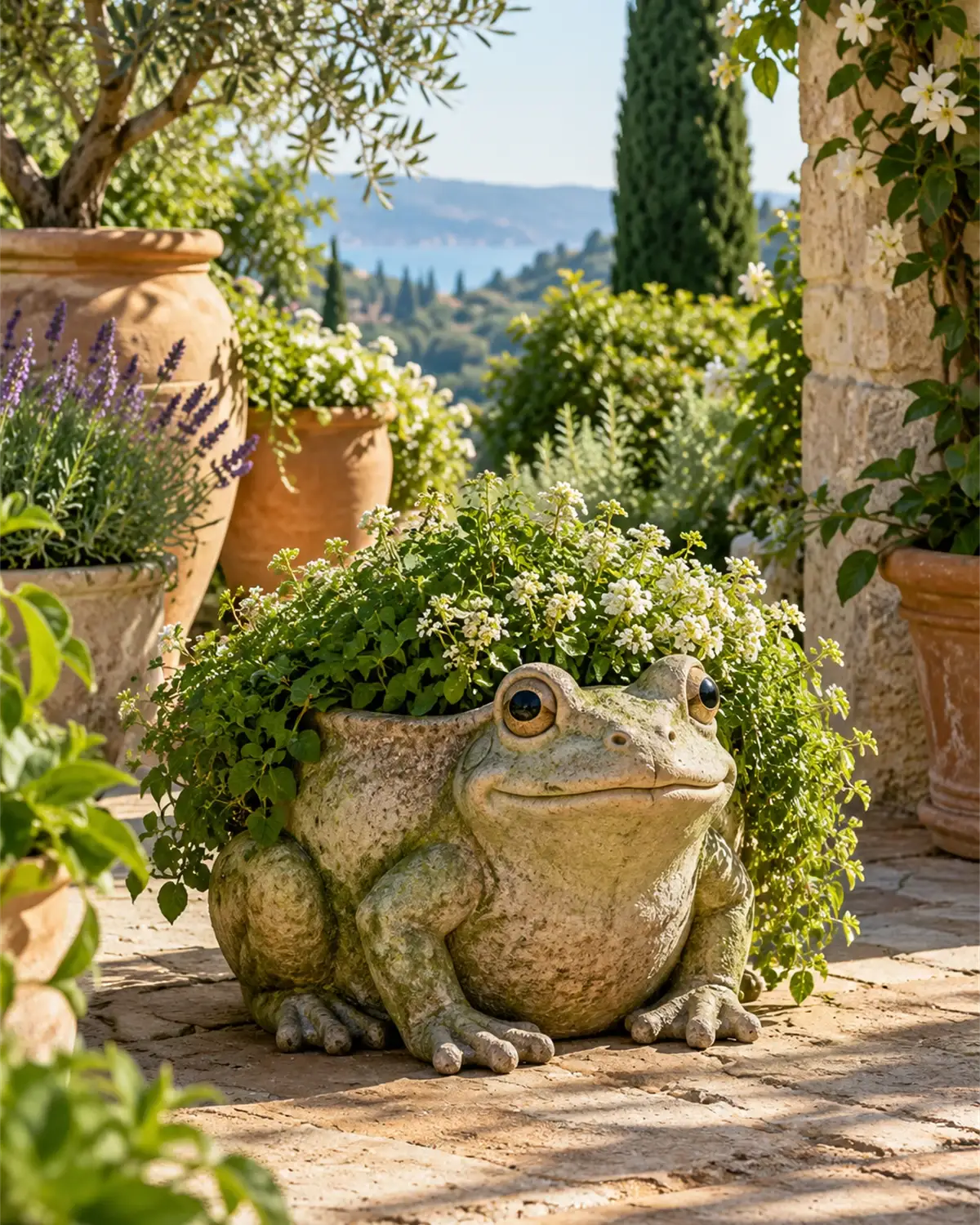 Vaso decorativo em forma de sapo num jardim